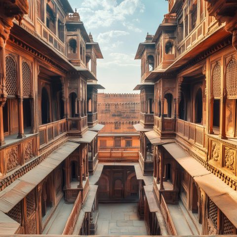 A beautiful architectural scene of an old building in the Agra, India. Brick walls, three-story buildings with wooden balconies, in the style of traditional Indian-style architecture. Perspective, multy layers, Captured from a wide-angle lens, showcasing the sky view during daylight. --ar 3:4 --stylize 250 --v 6.1 Job ID: ba49ca5f-989c-4149-97a2-e849d16a50c9